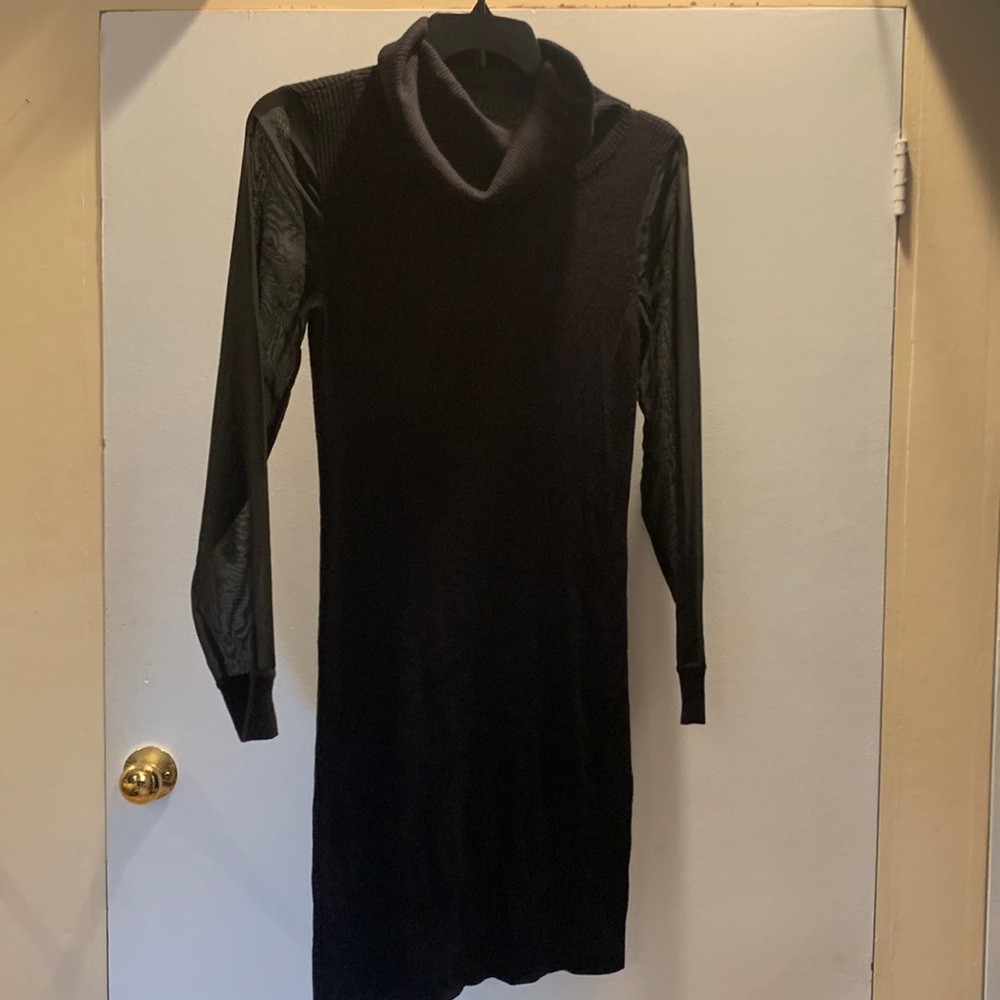 Etcetera, S, black knit dress with sheer sleeves